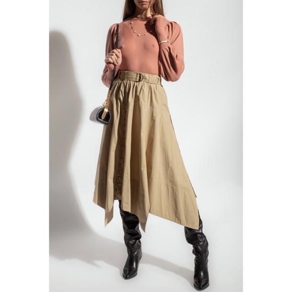 ULLA JOHNSON • Tan Helaine Asymmetrical Handkerchief Hem High-Waisted Midi Skirt - Picture 3 of 16